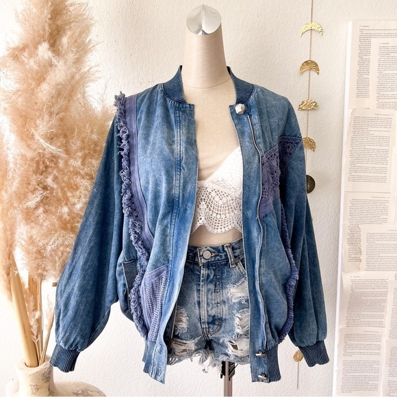 VINTAGE Marsha Sport Chambray Crochet Zip Up Bomber Jacket - Picture 1 of 16